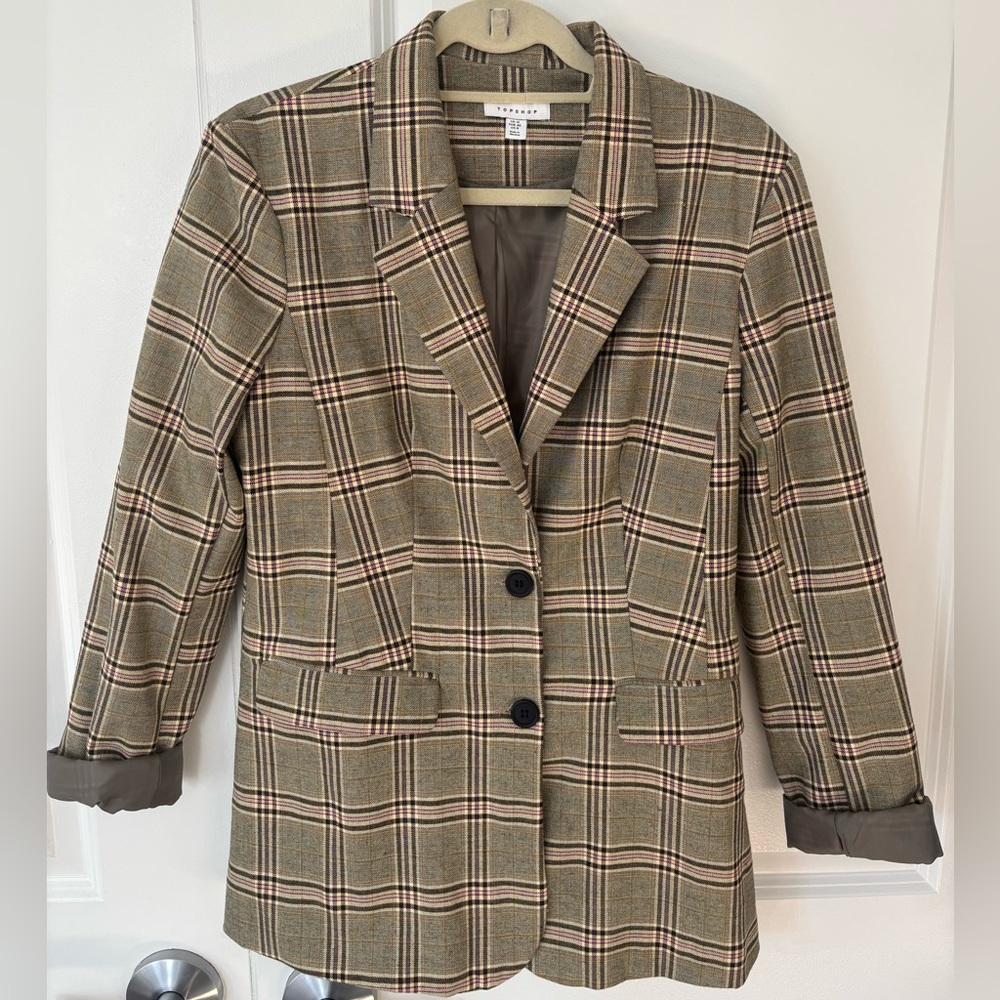 Topshop Olive Green Medium Plaid Blazer
